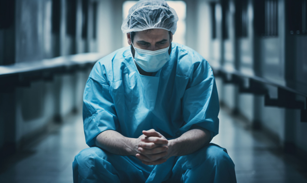 Tired doctor sitting in hospital corridor.