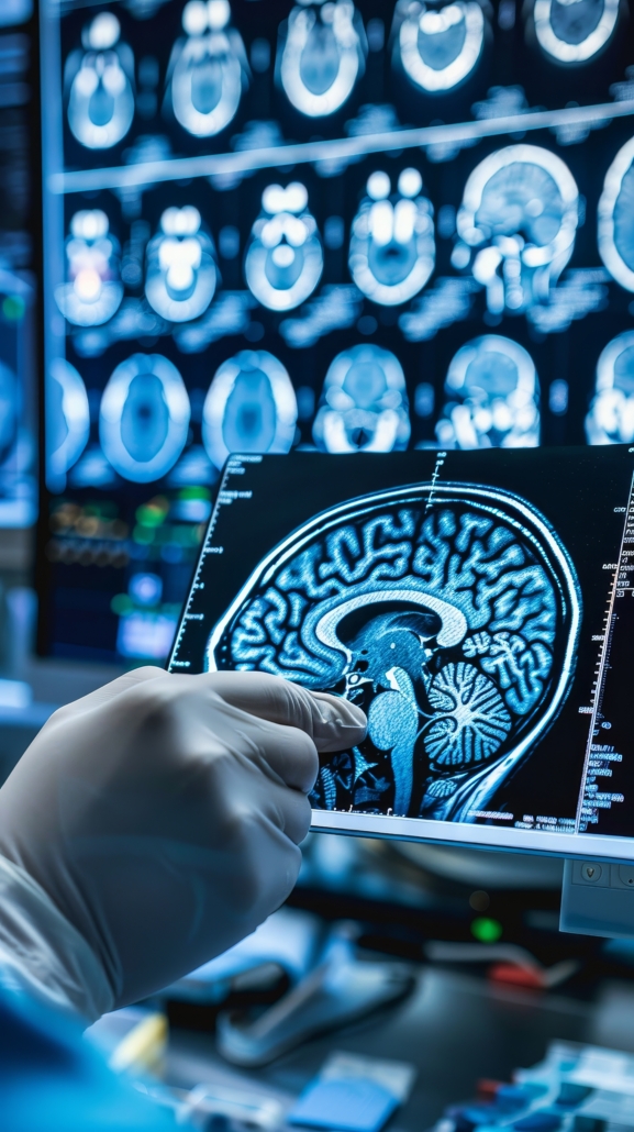 A person is looking at a brain scan on a computer monitor. The image is in black and white and shows a close up of the brain. The person is wearing gloves and he is examining the scan.