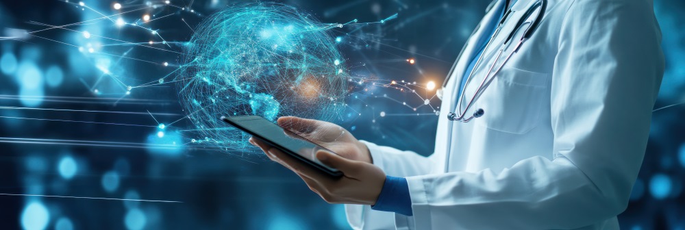 Picture of a physician holding a tablet with a globe in the background.