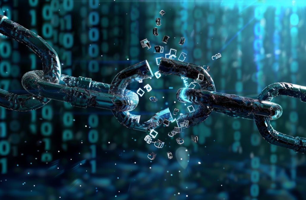 Picture of a chain breaking with streams of data in the background.  Using this to represent how vendor lock-in is holding organizations back for data independence.