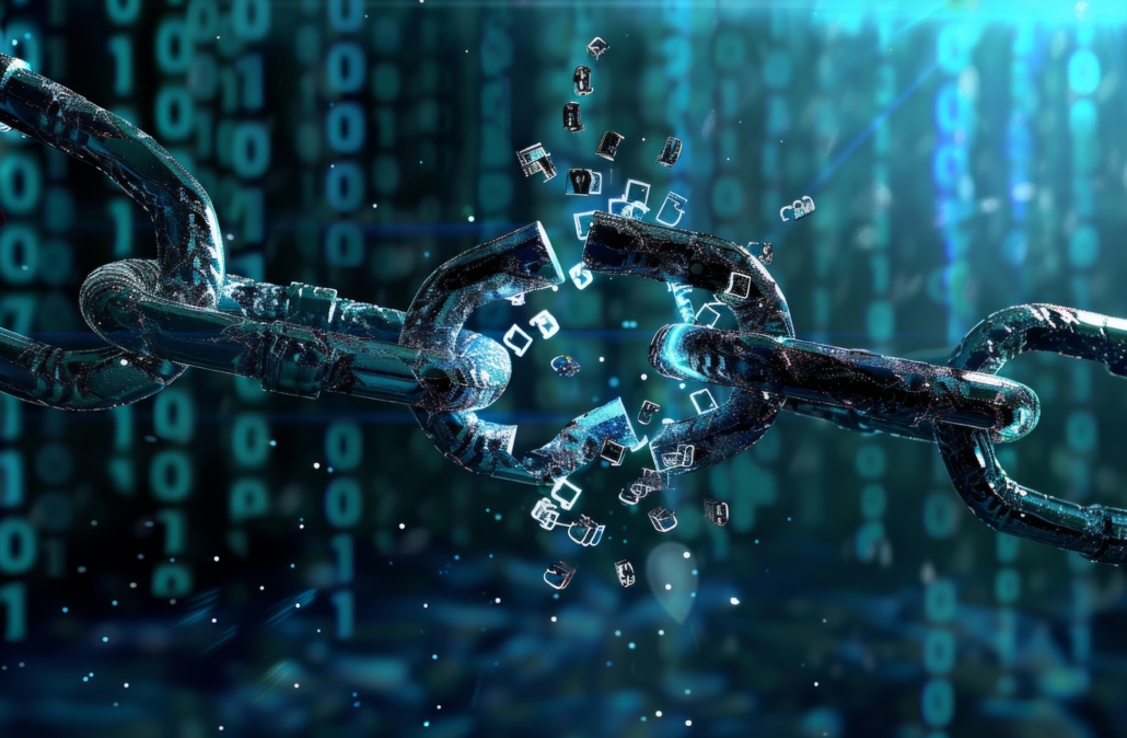 Picture of a chain breaking with streams of data in the background.  Using this to represent how vendor lock-in is holding organizations back for data independence.