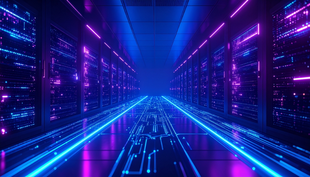 Futuristic data center with purple and blue light streams, a circuitry looking floor, and sleek modern design.