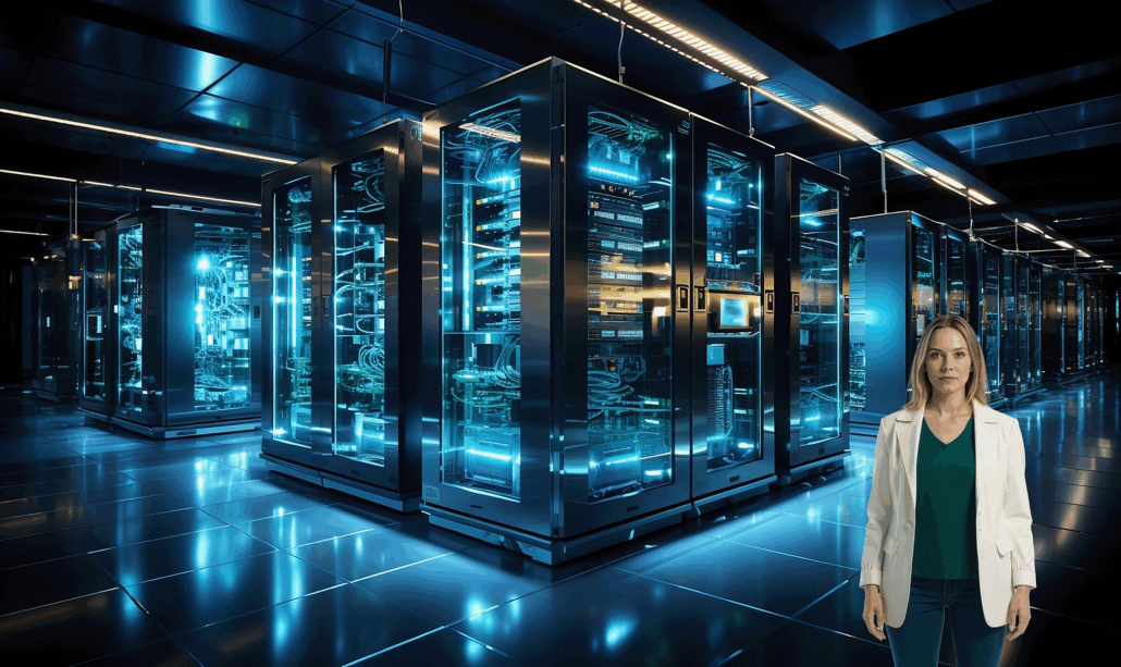 Picture of a futuristic data center and DataDoc, InsiteOne's created character who represents the mission of turning imaging chaos into clarity, standing to the right.  She's a guide to help you reimagine PACS and take control of your imaging future.