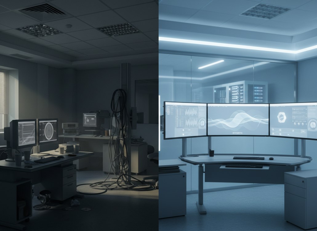 Split image showing an old PACS reading room next to a modern reading room with 3 monitor PACS workstation.