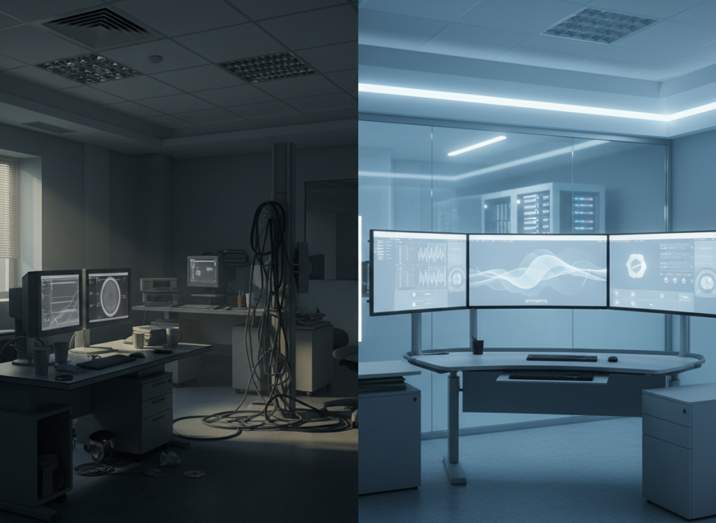 Split image showing an old PACS reading room next to a modern reading room with 3 monitor PACS workstation.