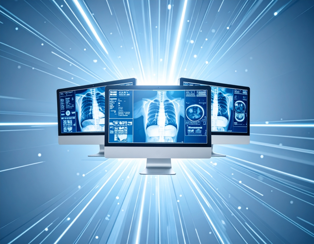 AI concept image of 3 Apple monitors showing a chest x-ray to depict a PACS workstation.