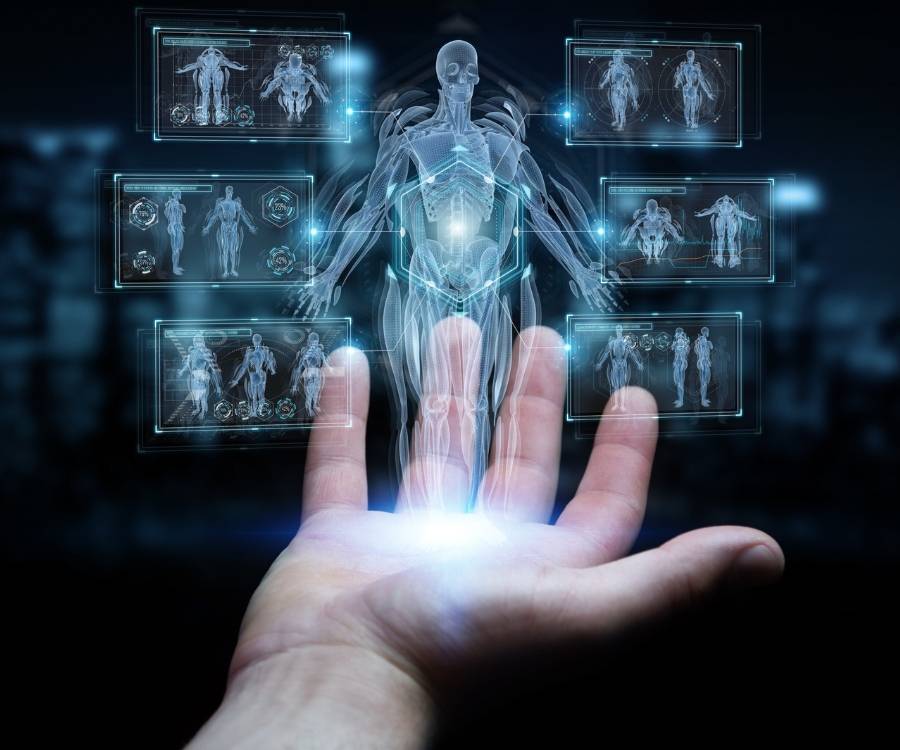 A hand holds a digital image of a human body, representing Teleradiology Solutions' cloud-native service for medical practices.