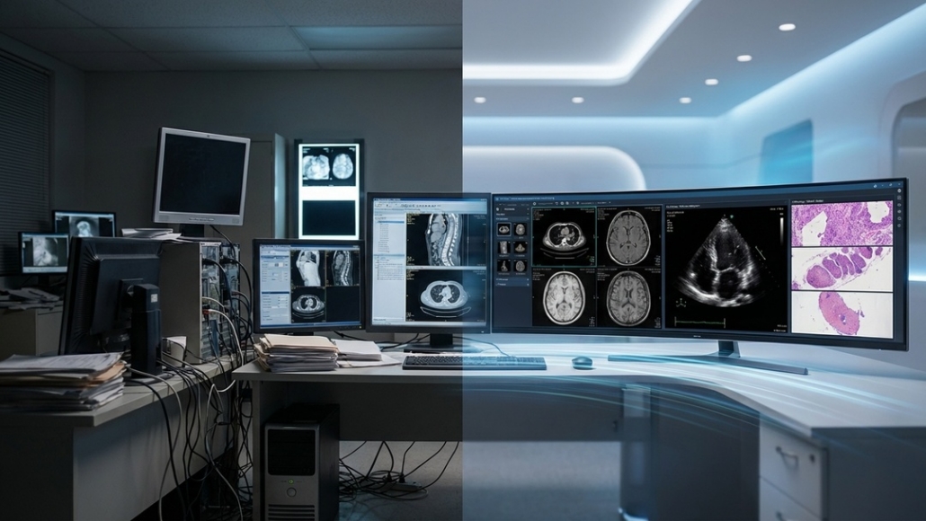A split-scene cinematic image showing the evolution of medical imaging infrastructure in a modern healthcare environment. On the left side, a dimly lit, cluttered radiology reading room with multiple disconnected workstations, cables, and fragmented imaging systems representing legacy PACS environments. On the right side, a bright, clean, and modern enterprise imaging platform environment with unified displays, streamlined workflows, and connected imaging data across multiple specialties (radiology, cardiology, pathology).