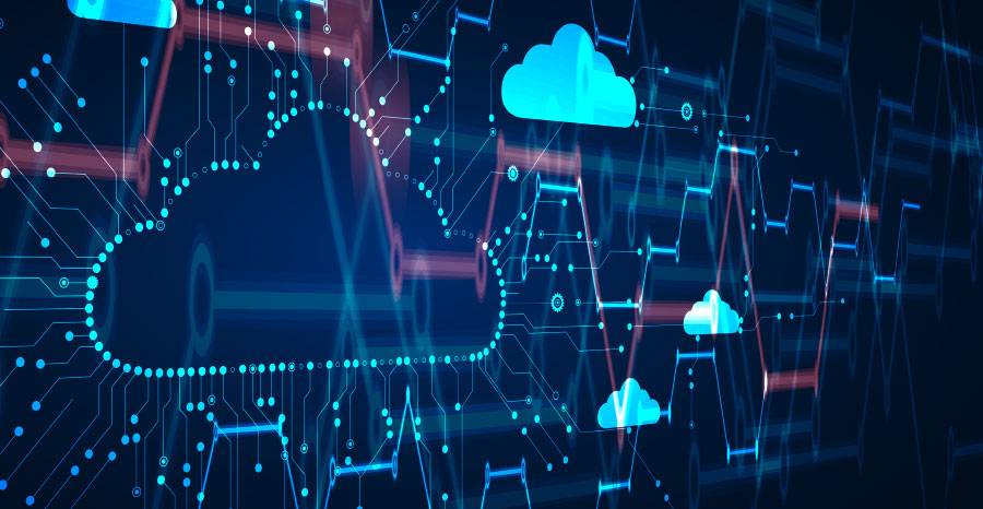 Abstract blue background with digital cloud icons and circuit line patterns.
