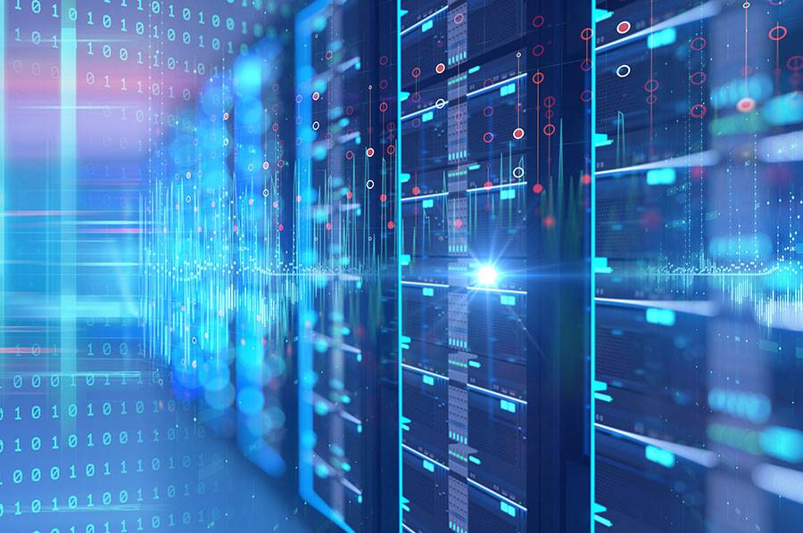 Digital data and binary code overlaying a futuristic server room with blue lighting.