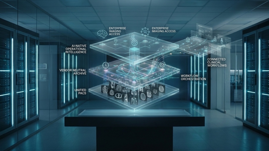 Visual showing an Imaging Intelligence Platform with unified PACS, VNA, AI intelligence, connected workflows, enterprise imaging, and workflow orchestration.