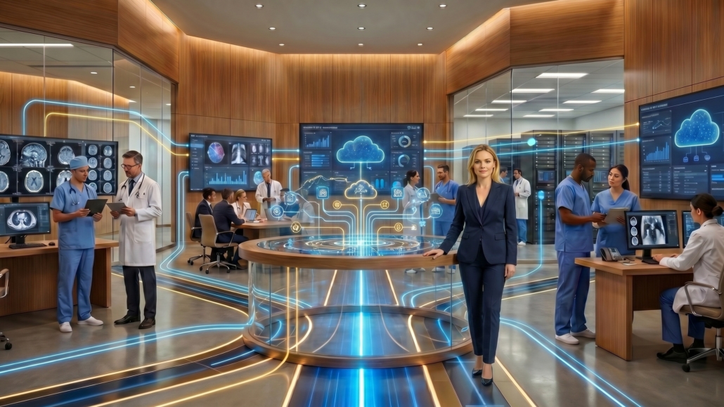 DataDoc, InsiteOne's guide to all things imaging, is standing next to a table representing the connection of intelligent systems, data, and people, to provide better, intelligent care.
