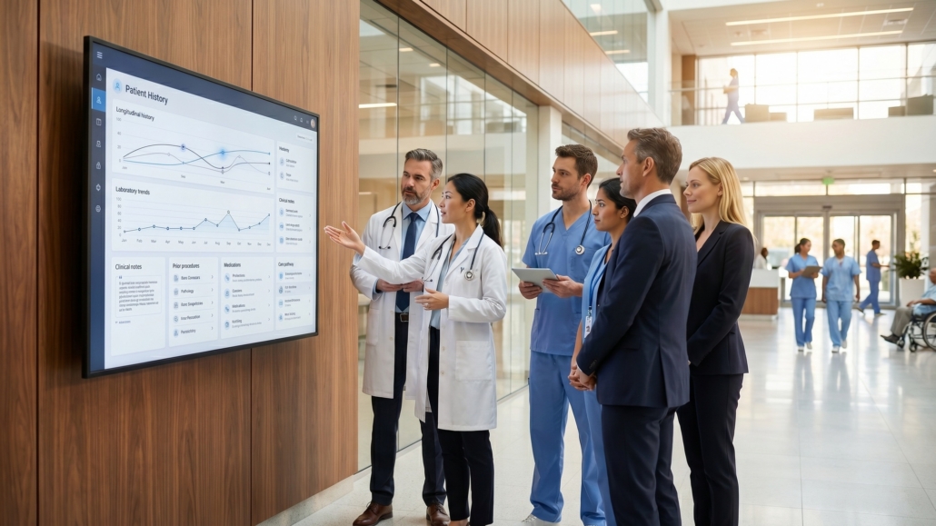 DataDoc observing patient history with other clinical staff.