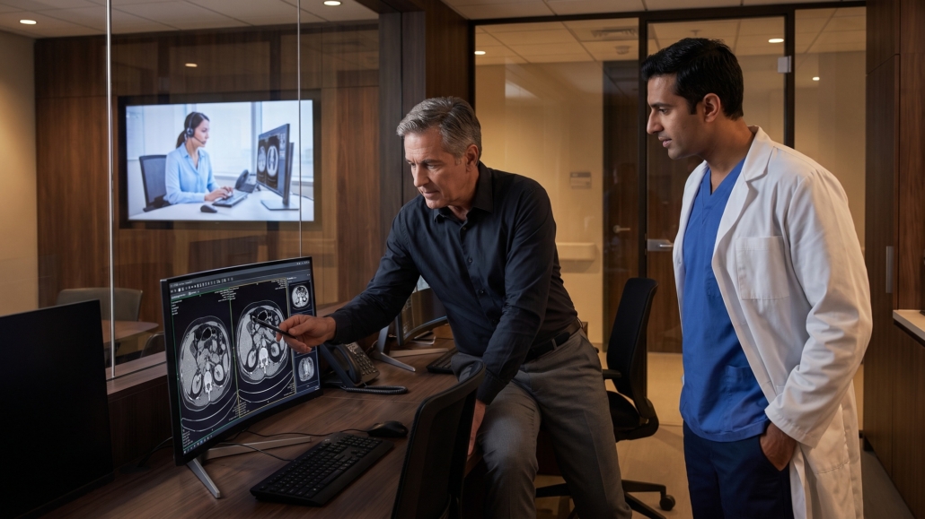 Physician consulting with a radiologist in front of a PACS workstation.