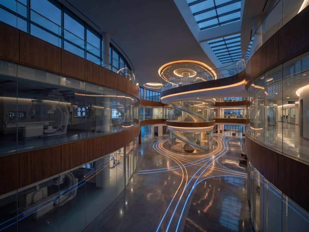Atrium view of a clinical organization showing orange and blue lines representing data movement and connectivity.
